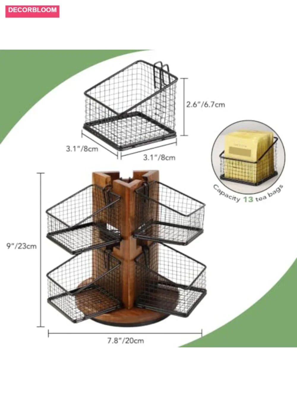Spinning Carousel Tea Bag Organizer with Removable Wire Baskets